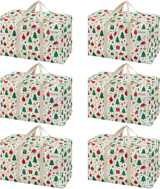 VENO 6 Pack Moving Bags and Large Christmas Storage Bins with lids. Alternative to Moving Boxes, Packing Supplies for College. Extra Large Heavy Duty Totes for Packaging (Jingle Mix, 6 Pack)