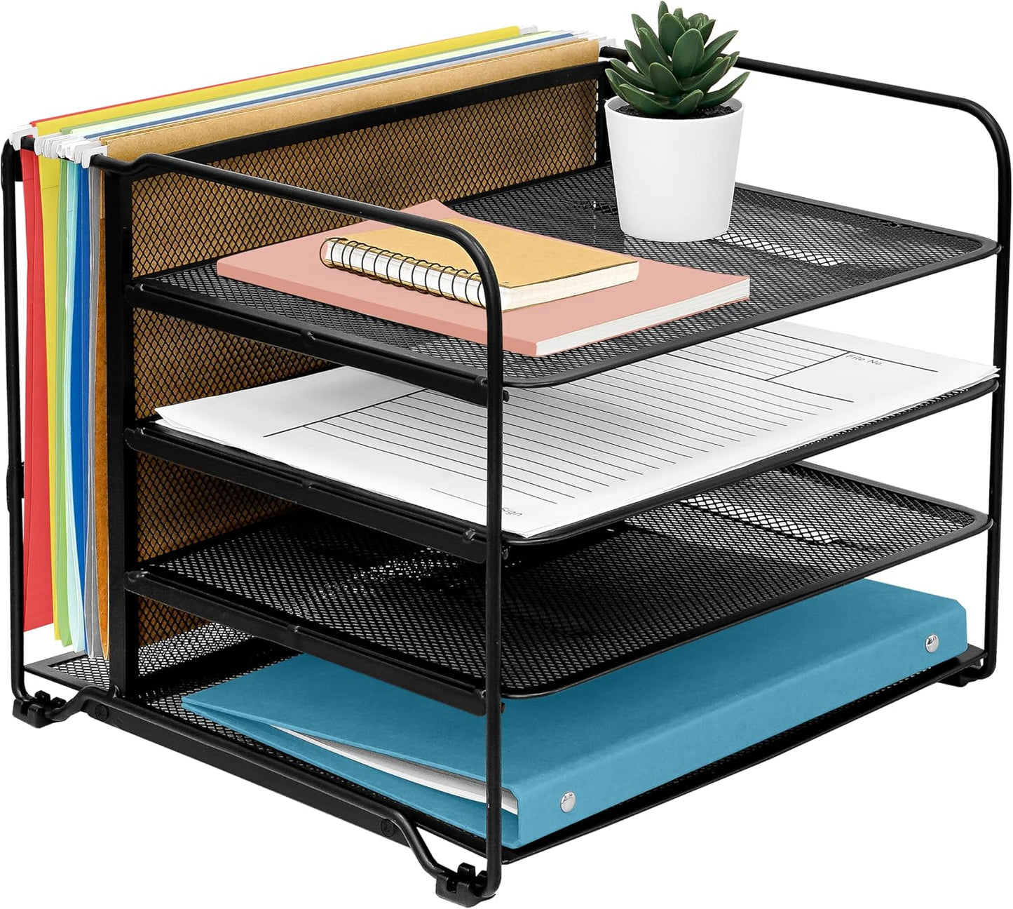 CAXXA 4 Tier Mesh Document Trays with Vertical Upright Section for Hanging File Holders, Mesh Office Supplies Desk Organizer, Black