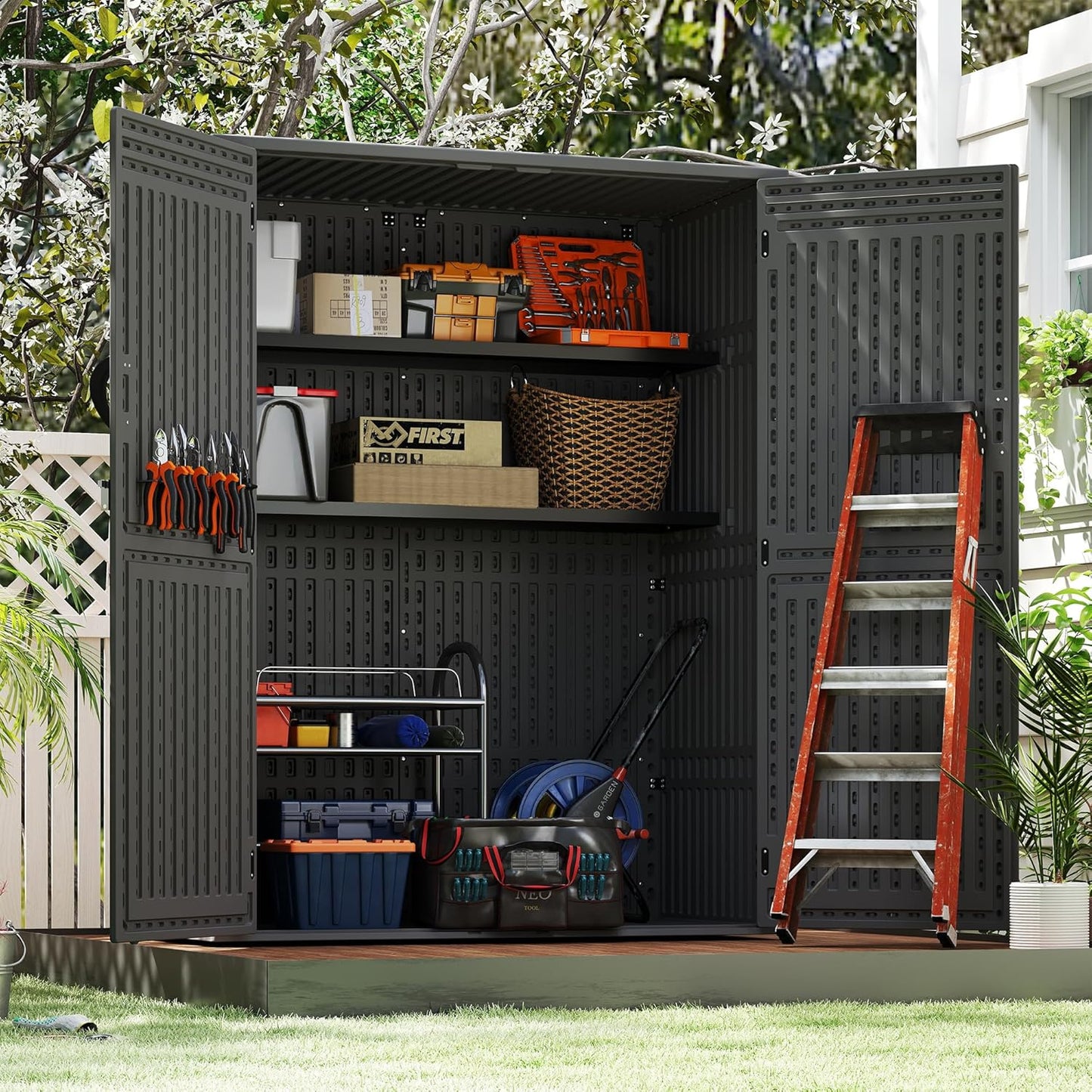 EHHLY Vertical Resin Storage Shed with 2 Shelves, 60 Cuft Garden Tool Sheds & Outdoor Storage, Plastic Outdoor Storage Cabinet Waterproof, 4.5 x 2.3 ft Backyard Outside Lawn Mower Storage Shed, Grey