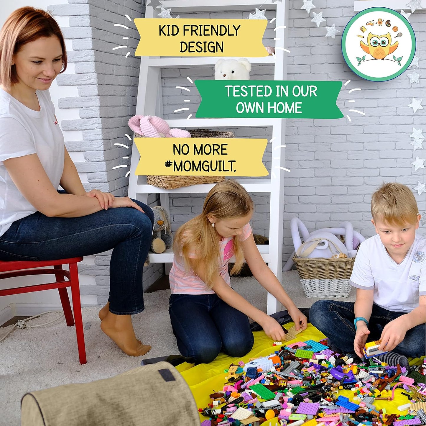Toy Storage Basket and Play Mat for Building Bricks - Collapsible Canvas Organizer Bag with Drawstring - For Kids