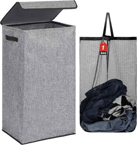 DOKEHOM 100L Laundry Basket with Lid and Removable Laundry Bags, Large Collapsible Laundry Hamper for Bedroom, Bathroom, Laundry Room, Colloge (Grey)