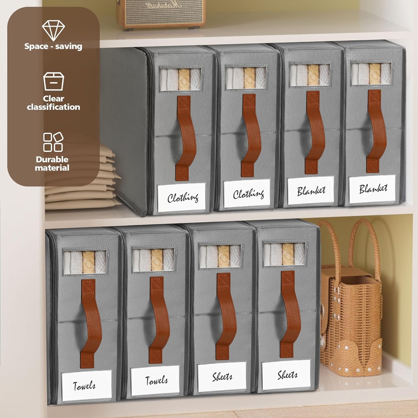 6pack Bed Sheet Organizer, Foldable Linen Closet Organizers and Storage with Sealed Design, Queen & King Size Sheet Storage with Window, Closet Organizer for Bedsheets/Blankets/Clothes, Grey