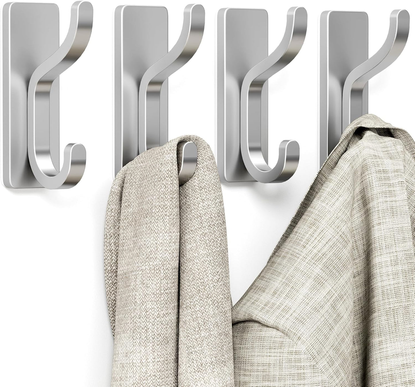 pickpiff Wall Hooks for Coat and Towel: 13LB Adhesive Door Hanger Stick on for Bathroom, Dorm, RV, Closet - Silver, 4 Pack