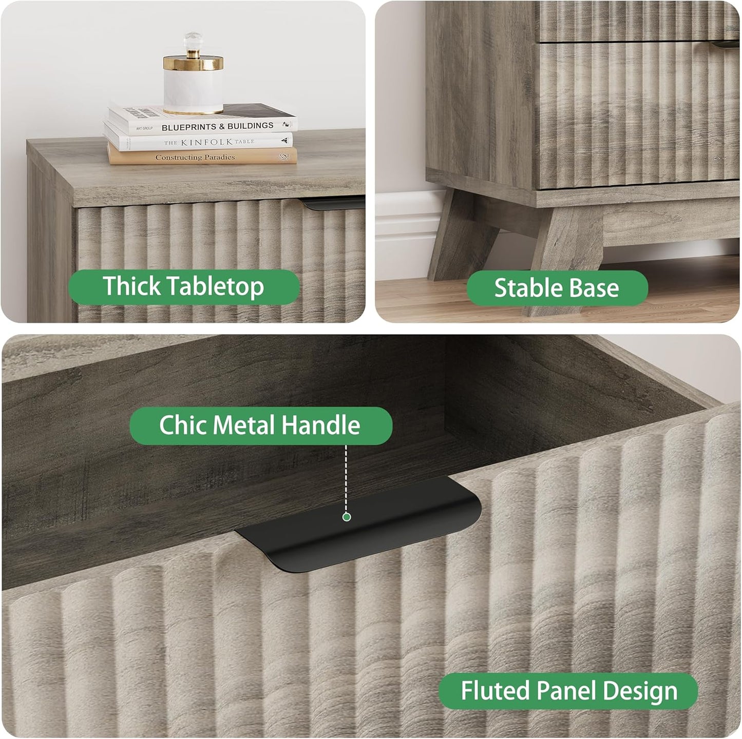 Fluted Nightstand, 31.5" Wide Side Table with 4 Large Storage Drawers, Mid Century Modern Wood Night Stand with Metal Handle, Wooden Bedside End Table for Bedroom, Living Room, Closet, Grey