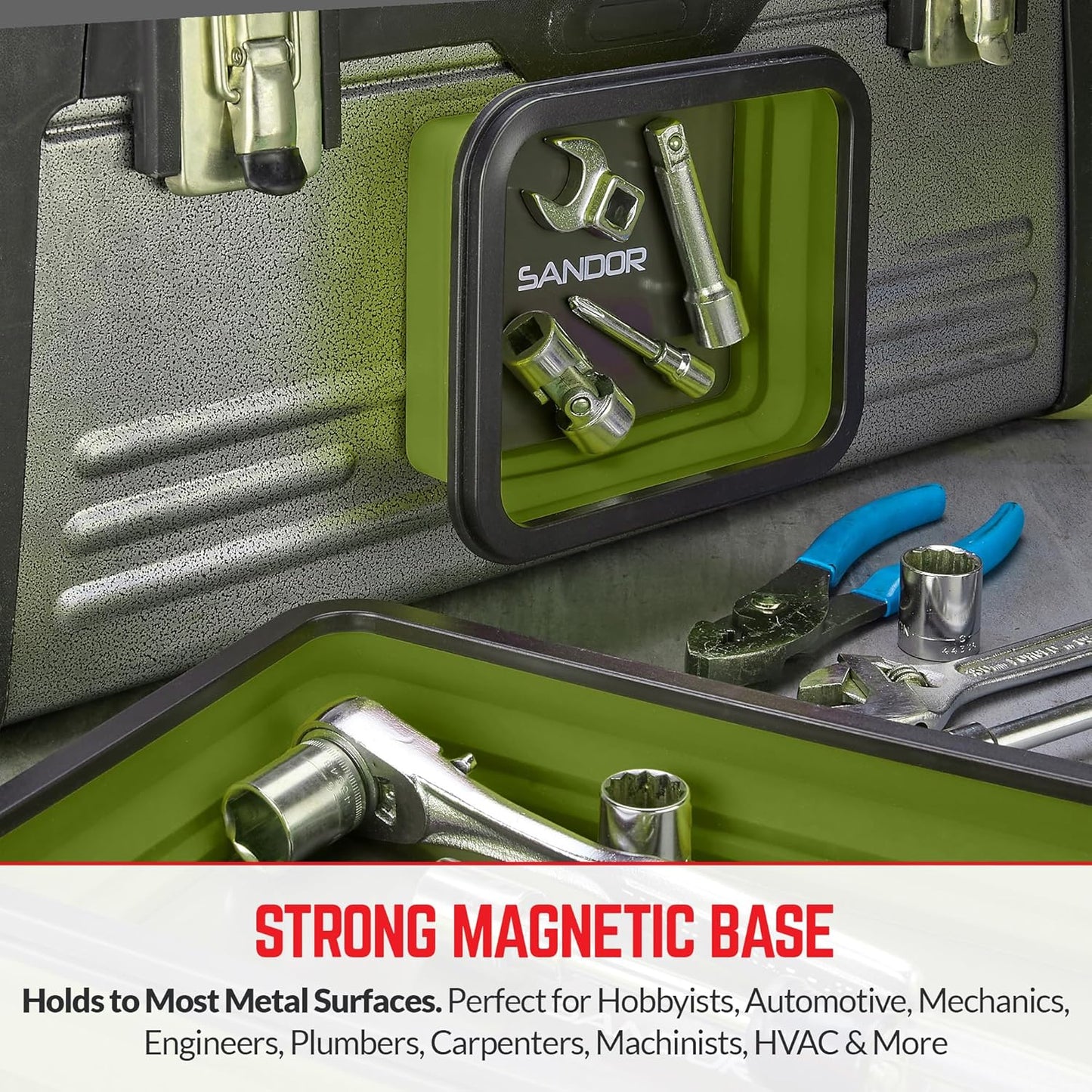 Collapsible Magnetic Parts Tray Set - 3 Different Size Tool Trays for Screw, Bolts, Nuts, Washers, Pins and Other Small Metal Parts, Mechanic Tool Gifts for Men - Olive Green