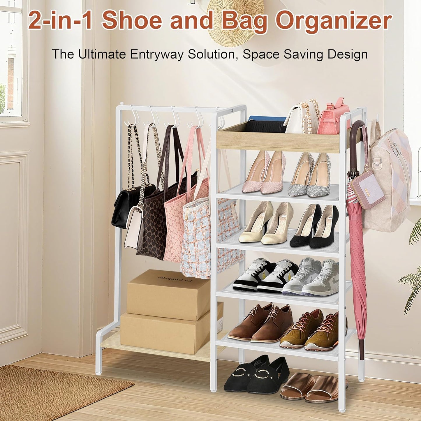 2-in-1 Shoe Rack for Closet with Purse Organizer, 5 Tier Shoes Shelf with Wooden Tray and Removable Shelves, Storage Organizer for Entryway, Garage, Hold Boots, Backpacks, White
