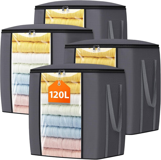 120L Extra Large Clothes Storage Bags, Foldable Blanket Storage and Organization, Thick Fabric Containers with Reinforced Handles & Zippers for Clothing, Comforters, Bedding, Gray, 4 Pack