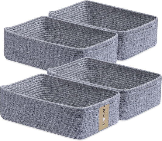 Large Shallow Organizing Baskets 15x11x5.1 Inches - Rope Woven Storage Bins for Bathroom, Shelves, Cube Closet, Mixed Grey 4 Packs