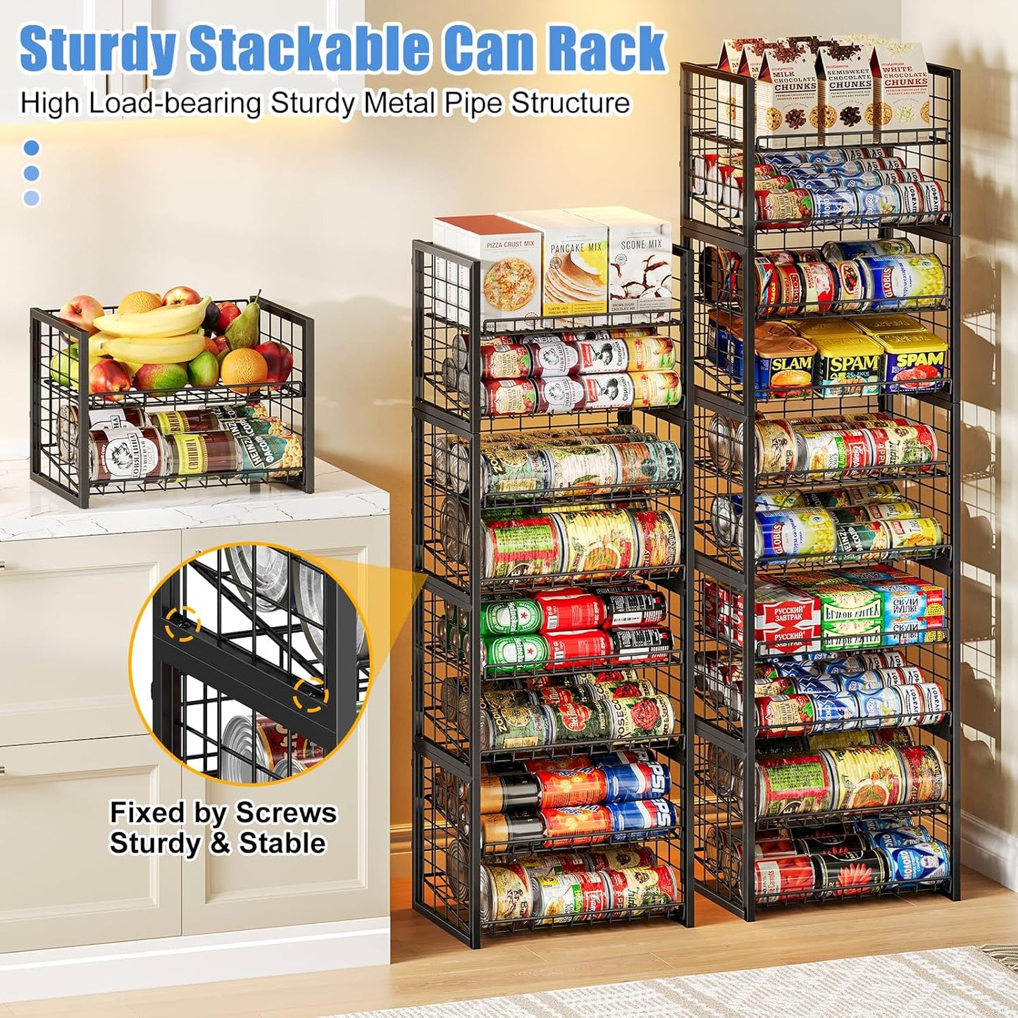 X-cosrack 2-Tier Stackable Can Organizer for Pantry, 3 Packs Adjustable Pantry Organizer Storage for Canned Food Goods Soda, Sturdy Canning Rack Can Dispener Storage Holder for Pantry Kitchen, Black