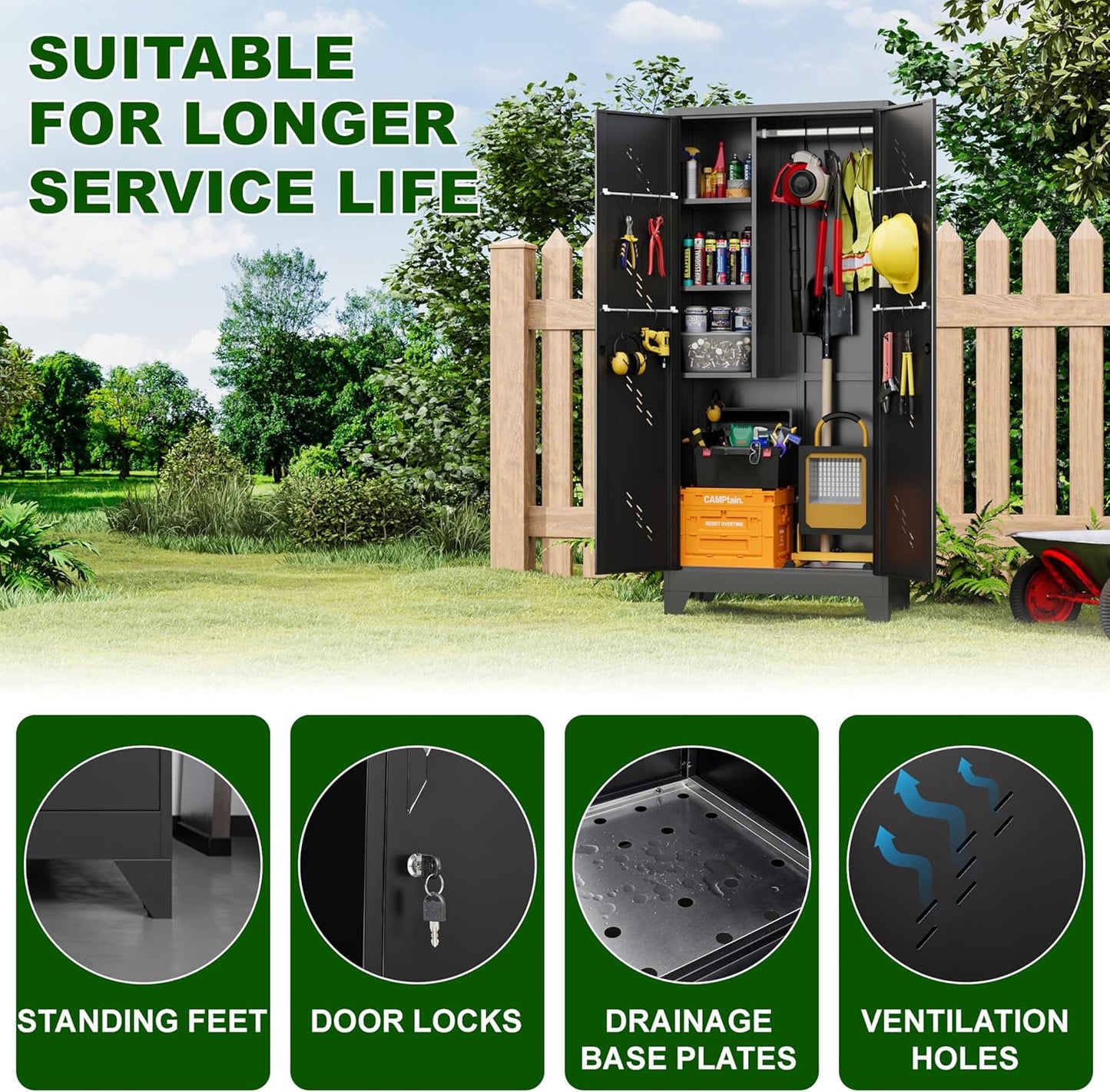 Storage Cabinet 1.4×2.8 FT, Metal Outdoor Sheds for Garden Tool Organization, Heavy Duty Storage Sheds with Lockable Doors and Vents for Backyard, Garden, Patio Lawn