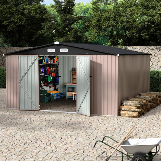 12x12 FT Metal Storage Sheds Outdoor, Metal ToolShed with Lockable Door, Metals Yard Sheds Metals Garden Shed Kit, MetalUtility Sheds Buildings with Air Vent for Backyard Garden Patio Lawn