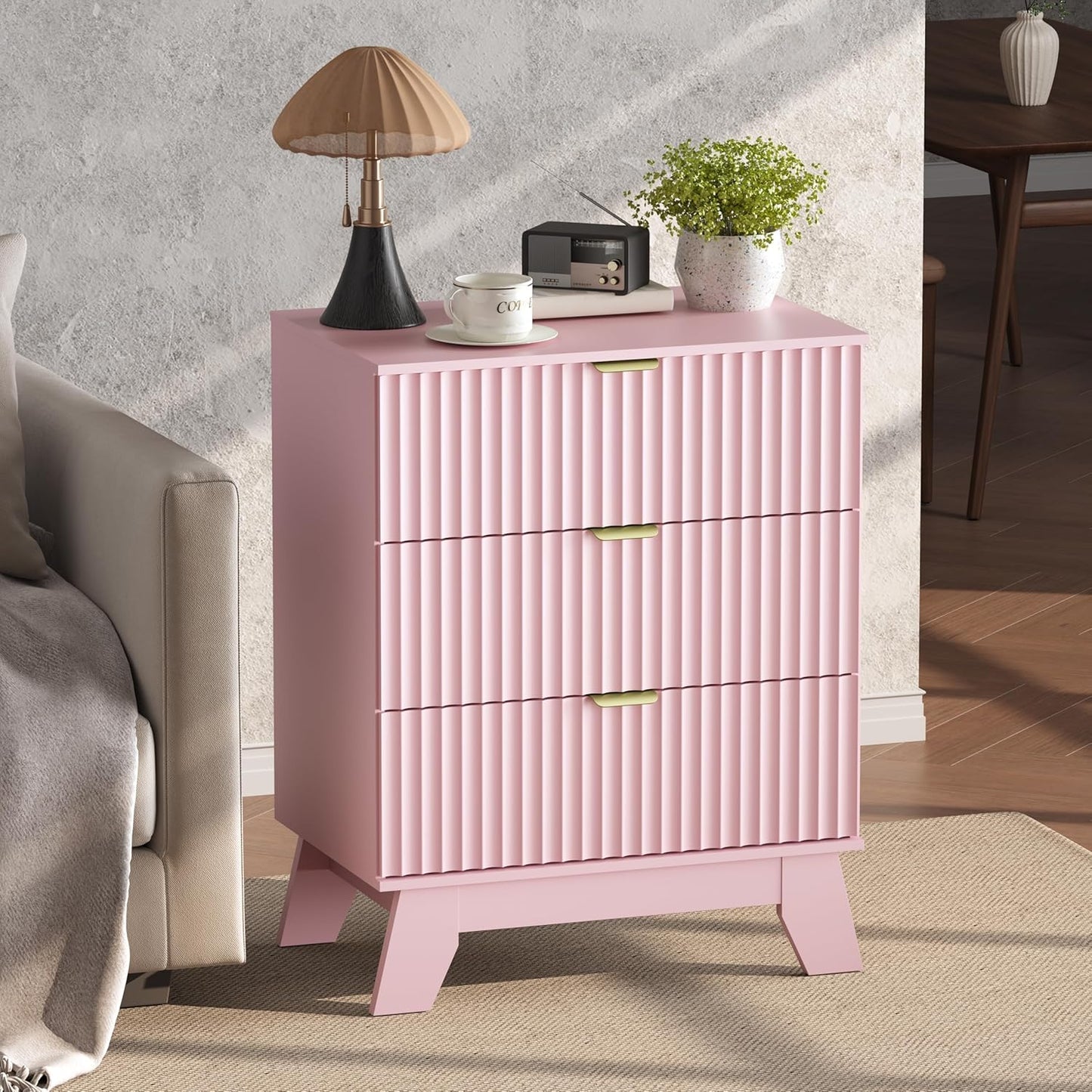 Pink Night Stand with 3 Drawers, Bedside Table & End Table, 24" Wide Mid Century Modern Fluted Wood Nightstand with Metal Handles, Farmhouse Night Stands for Bedroom