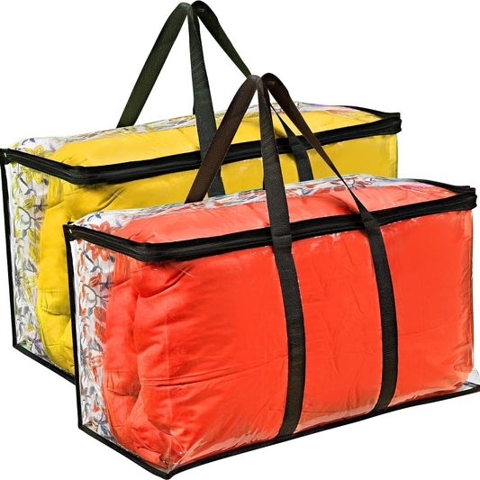 2 Pack Clear Large Moving Bags, Heavy Duty Storage Bags, College Totes, Storage Bins, for Organizing Blankets, Clothing for College, Dorm, Packing, Durable with Zipper and Handle 25x14x12