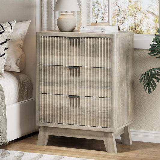 Fluted Nightstand with 3 Storage Drawers, 24" Wide Wood Bedside Table with Mental Handle, Mid Century Modern Wooden Side Table Night Stand, Curved End Table for Bedroom, Living Room, Grey