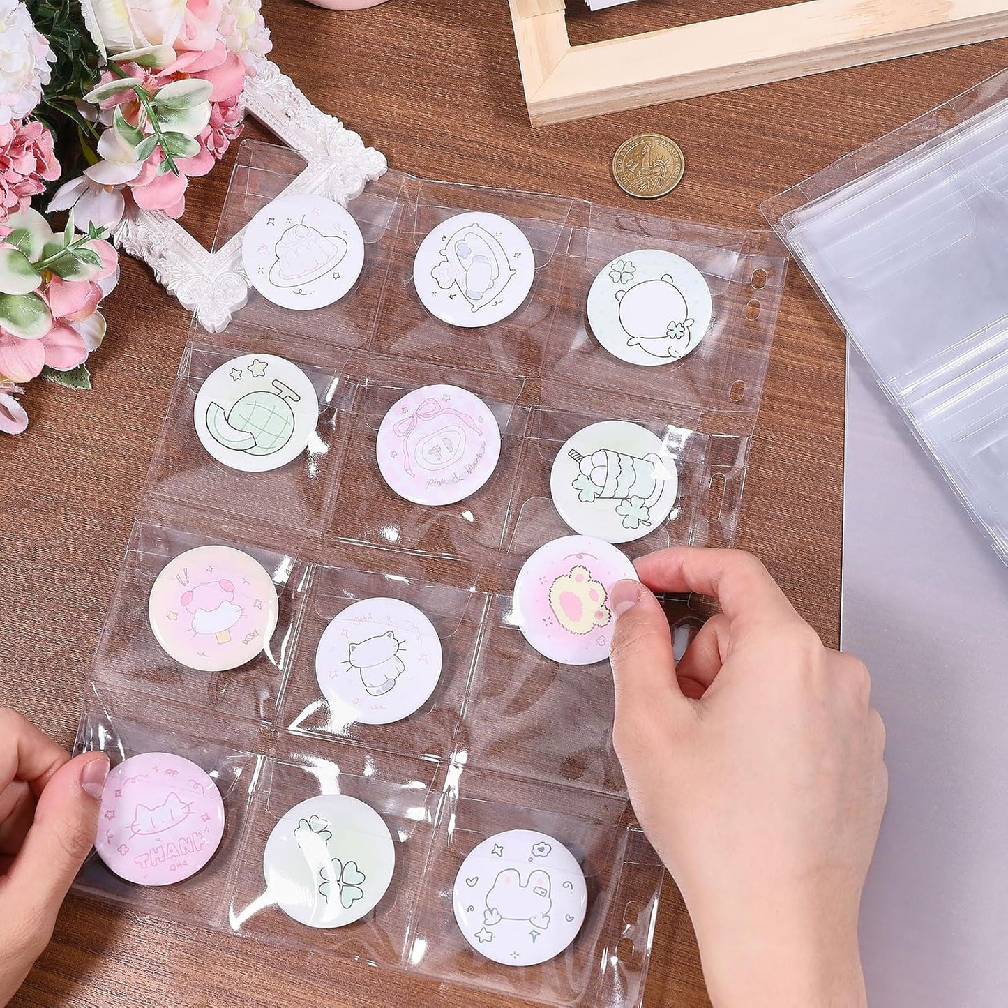 FREEBLOSS 144 Pocket Buttons Badge Pin Storage Book Transparent PVC Button Pins Display Album 12 Sheet Pin Pocket Pages Ring Binder Collection Holder for Pins Collection Display