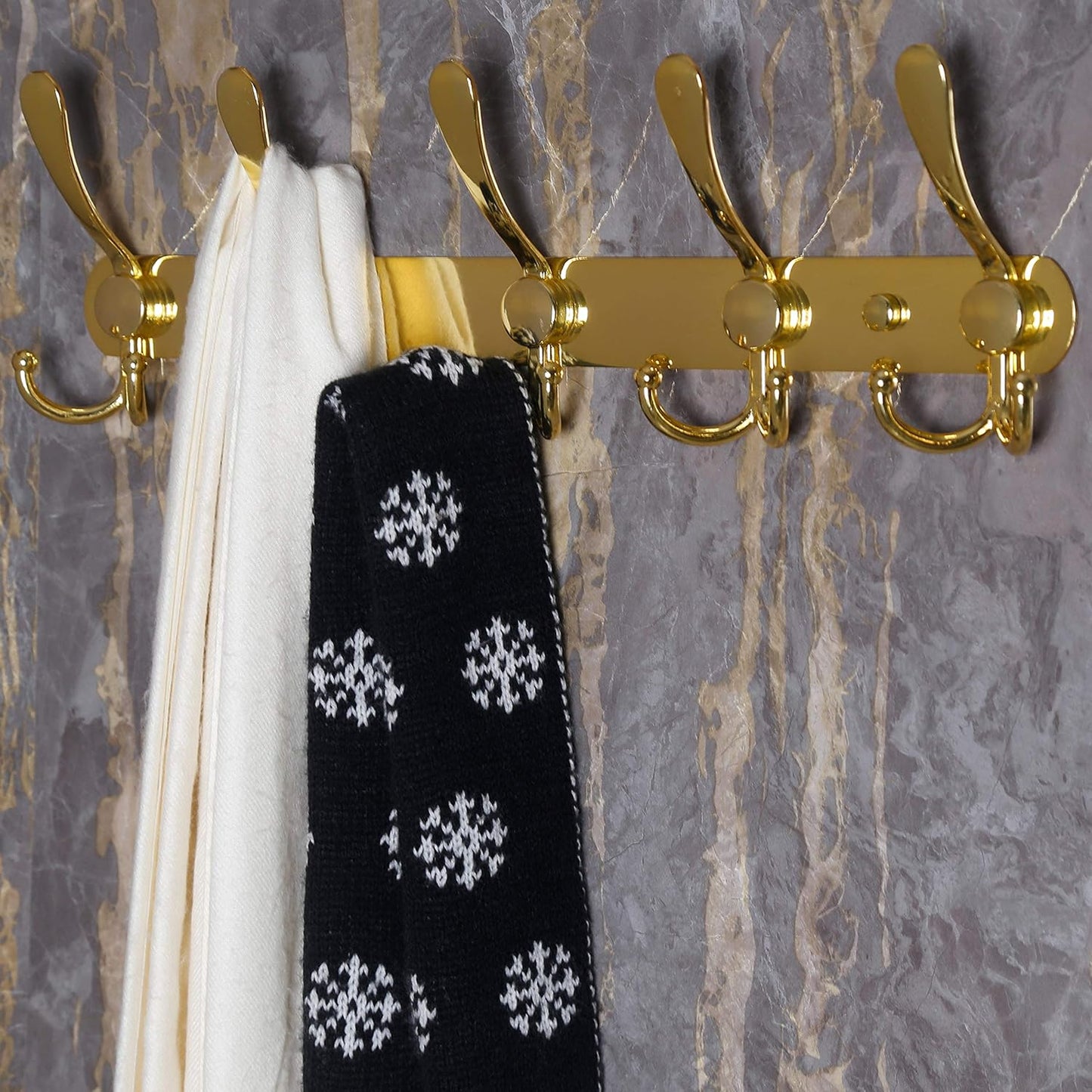 Dseap Coat Rack Wall Mounted - 5 Tri Hooks, Heavy Duty, Stainless Steel, Metal Coat Hook Rail for Coat Hat Towel Purse Robes Mudroom Bathroom Entryway (Gold, 2 Packs)