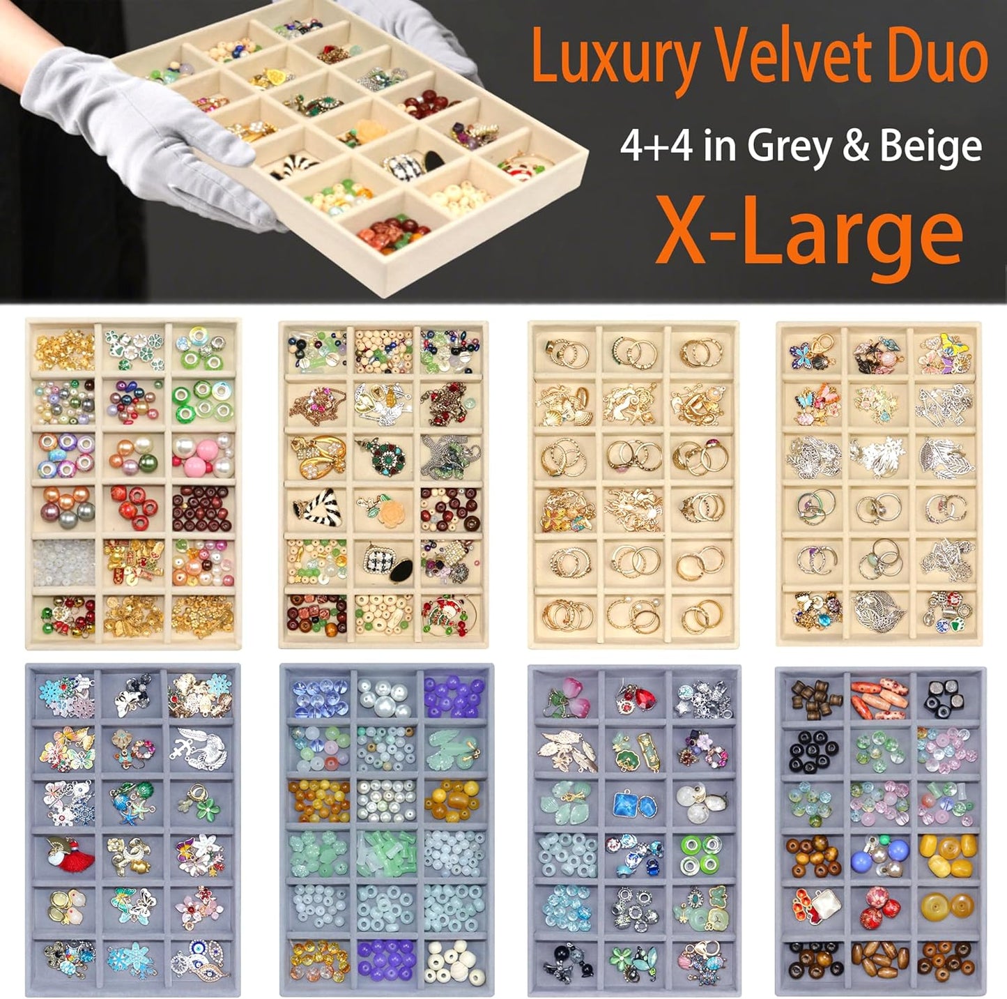 X-Large Jewelry Trays 8 Pack Stackable Velvet Jewelry Organizer Tray Earring Holder Organizer for Drawer Insert Dresser for Rings Studs