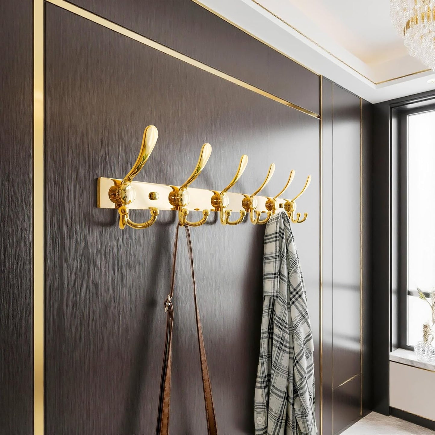 Dseap Coat Rack Wall Mount 2.0 Pro: 24” Long, 3X Tougher, Heavy Duty Stainless Steel Wall Coat Hanger with 6 Tri Hooks for Clothes Jackets Hats Entryway Closet, Gold, Pack of 2