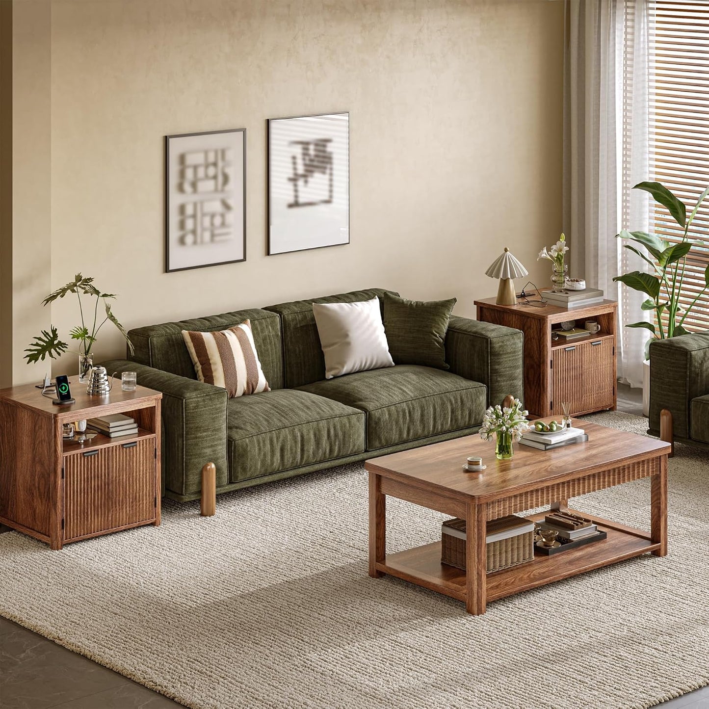Fluted Nightstand with Charging Stations, 23.6" Wide Walnut Nightstand with Storage Drawers, Side Tables, Modern Farmhouse End Tables for Bedroom, Walnut Brown