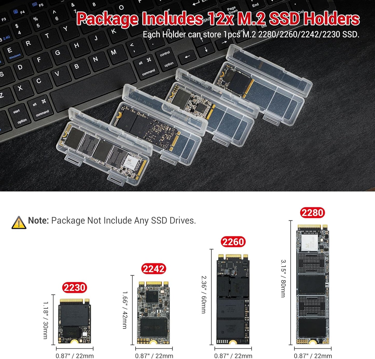 EVA PU M.2 SSD Holder with 12 Clear M.2 NVMe Cases for 2280/2260/2242/2230 SSDs, Water-Resistant & Shockproof with Zipper Pocket & Carry Handle