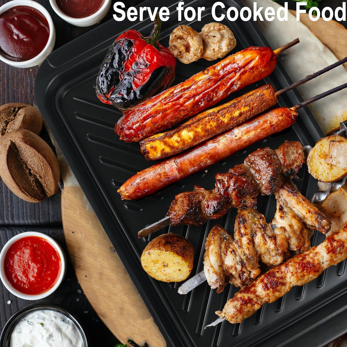 KAQAHIDO Grilling Bamboo Prep and Serve Trays, BBQ Platter for Raw Meat Marinating and Finished Cooked Food, Melamine Serving Tray, Set of 2, Cleaning Pack Included