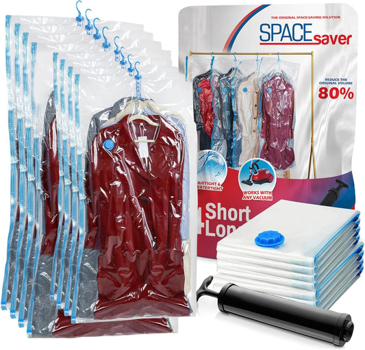 Hanging Vacuum Storage Bags for Clothes & Coats – 8 Pack (4 Small & 4 Large) Vacuum Seal Garment Bags for Hanging Storage – Space Saving Compression Bags for Clothing, Jackets – Transparent