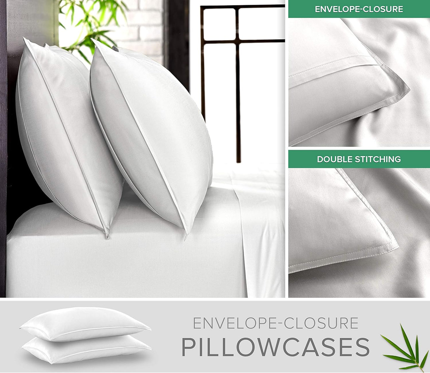 Queen Pillowcases by Pure Bamboo, Genuine 100% Organic Viscose Derived from Bamboo, Luxuriously Soft & Cooling, Double Stitching, Envelope Closure (2 Queen Pillowcases, White)