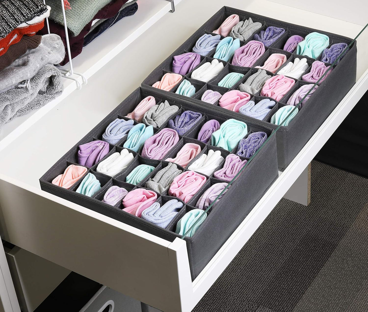 Simple Houseware 2 Pack Closet Sock Organizer, 24 Cell Drawer Divider, Dark Gray
