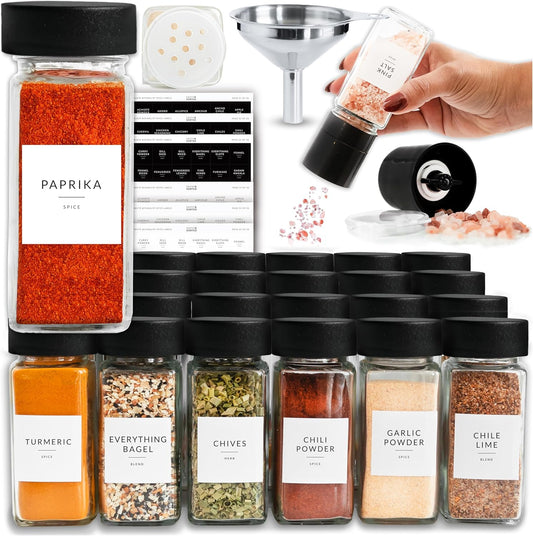 SAVVY & SORTED Glass Spice Jars with Label 24 PK - 4 Oz Spice Containers with 374 Minimalist Labels Stickers, Pepper Grinder Funnel Shaker Lids, Empty Square Seasoning Rack Organizer