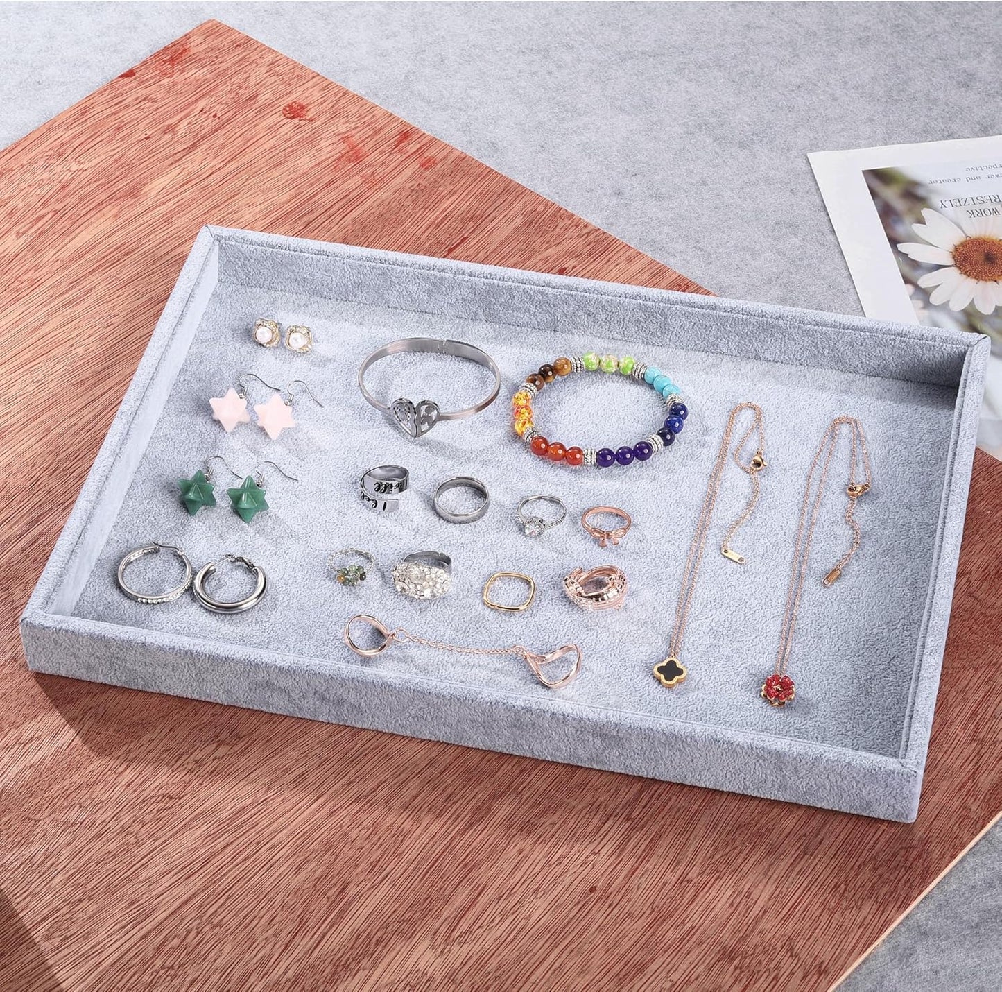 Mornajina 13.8" x 9.5" Velvet Jewelry Tray Jewelry Display Tray, Stackable Empty Plate Trays for Earrings Necklaces Bracelet Rings Display Showcase - Grey