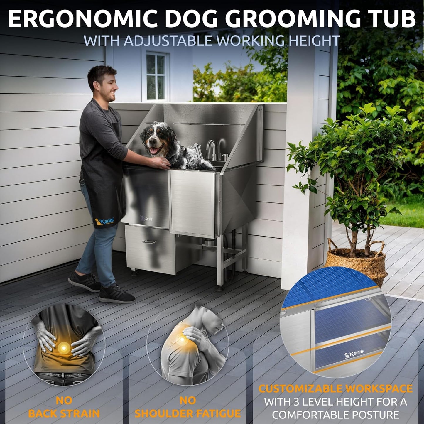 KANIS Professional Dog Washing Station - 304 Stainless Steel Pet Wash Sink & Grooming Bathtub w/Shower, Floor Grates and Storage for Large, Medium & Small Pets (40", 1 Drawer - Right Ramp)