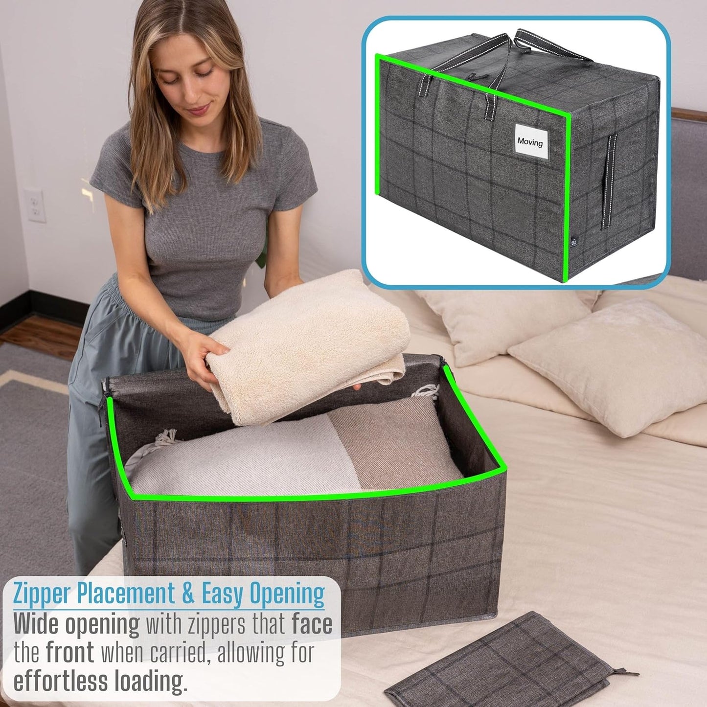VENO 8 Pack Moving Bags, Moving Supplies, Moving Boxes, College Packing Storage Boxes with Lids Alternative, Heavy Duty Dorm Organizer Tote, Extra Large, Sturdy Handles, Zipper (Windowpane, 8 Pack)