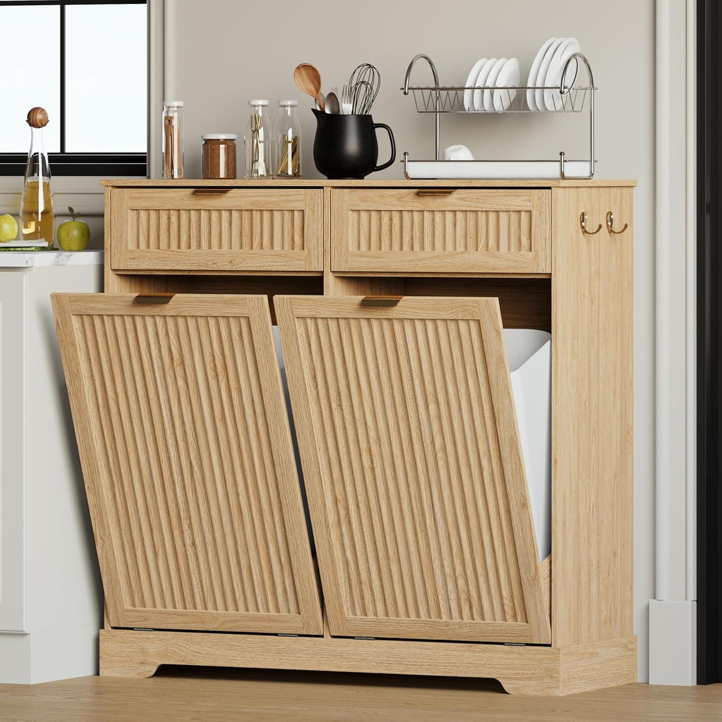 2 x 13 Gallons Double Tilt Out Trash Can Cabinet, Wooden Fluted Trash Garbage Can Cabinet with 2 Drawers, Hidden Laundry Hamper with Hooks for Kitchen Living Room, Natural Oak