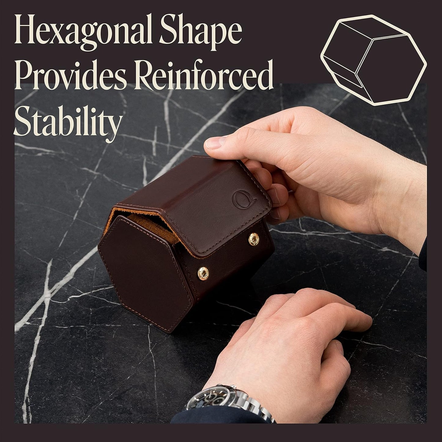 QWATCHBANDS Leather Watch Cases for Men - Hexagon Single & Double Watch Roll Travel Case - Genuine Napa Leather with Velvet Interior - Storage & Display Holder for 1 Watch or 2 Watches