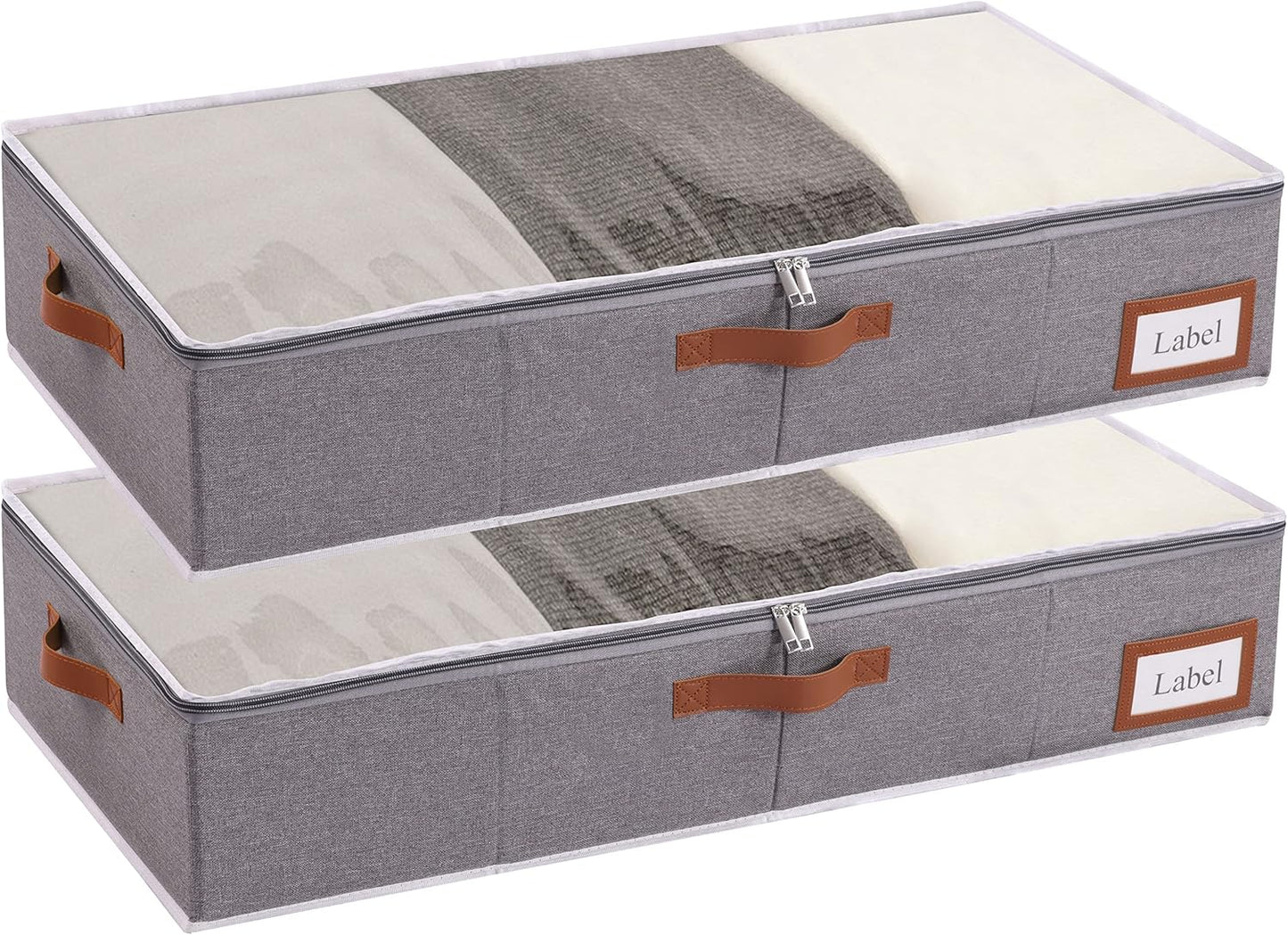 Yawinhe Under Bed Storage Containers, 2 Pack, Bin with Lids, Collapsible Closet Organizers, with Sorting Card Slot and 4 Leather Handles, for Blanket, Bedding, 31.5''Lx15.7''Wx6''H, Grey