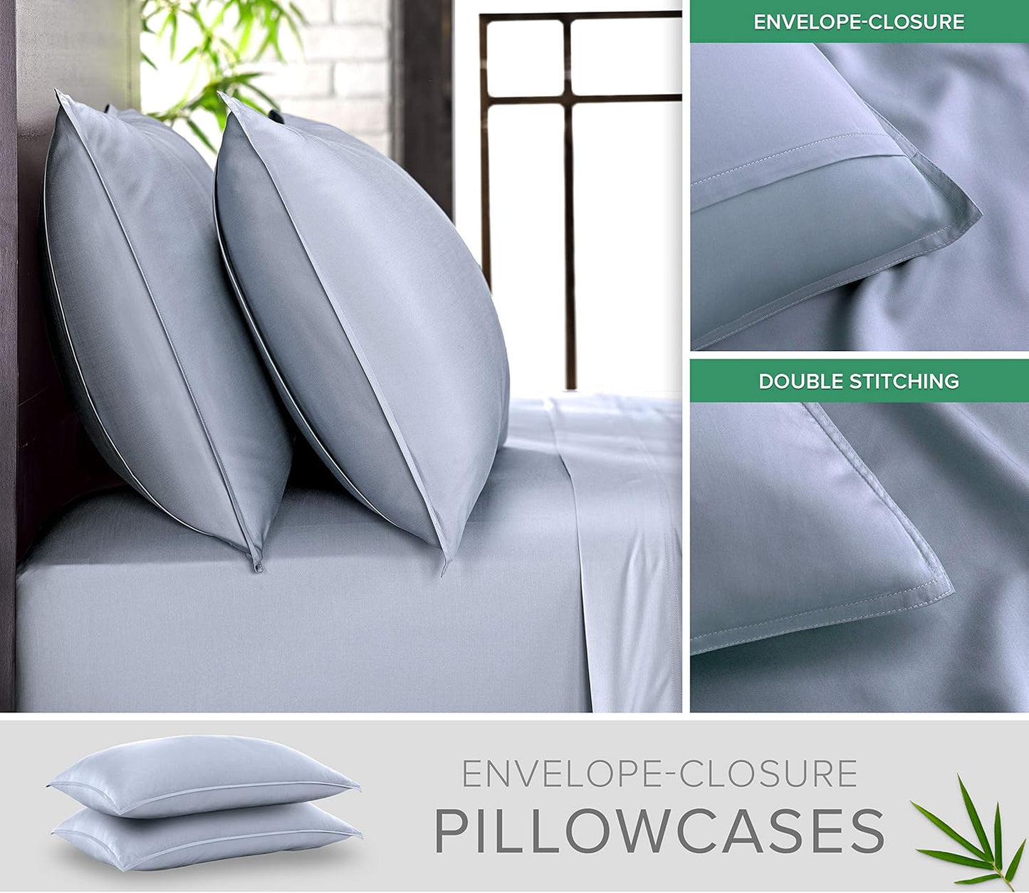 Queen Pillowcases by Pure Bamboo, Genuine 100% Organic Viscose Derived from Bamboo, Luxuriously Soft & Cooling, Double Stitching, Envelope Closure (2 Queen Pillowcases, Sterling Blue)