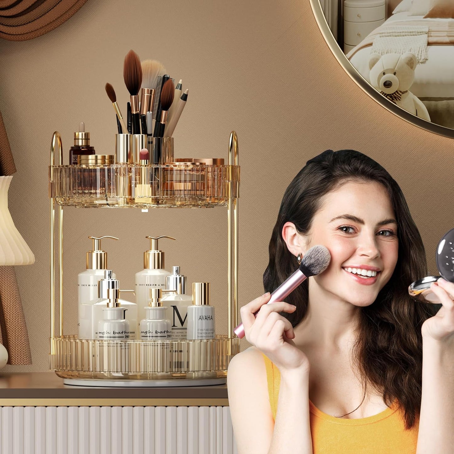 YCIA&DONE Rotating Makeup Organizer for Vanity, Large Capacity Make Up Storage Skin care Shelf Perfume Holders Cosmetic Dresser Organizer Countertop Spinning 360 (Amber Gold, 2Tiers)