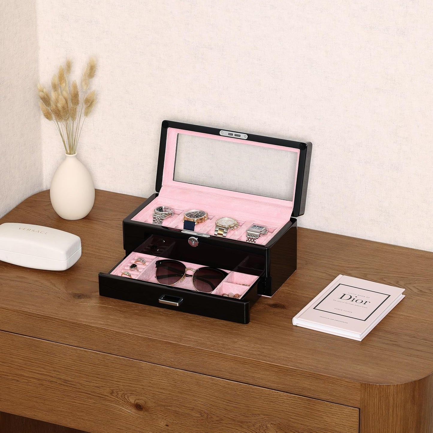 ROTHWELL 4-Slot Piano Black Watch Box with Valet Drawer - Premium Jewelry Display Case Organizer with Locking Glass Top and Microsuede Liner for Men & Women (Pink Interior)