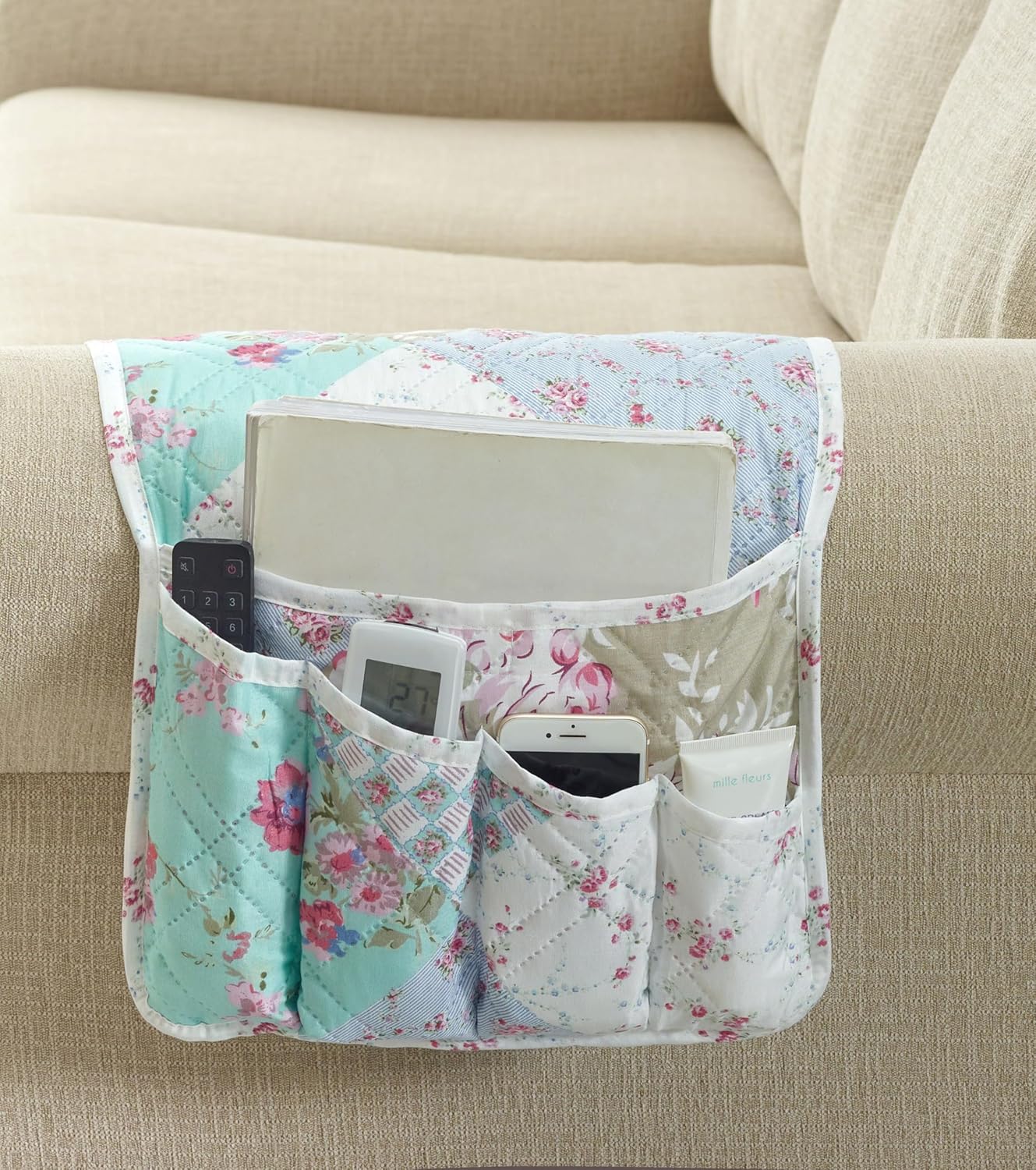 Brilliant Sunshine Blue and Green Rose Patchwork Couch Armrest 5 Pockets Organizer, Slip Resistant Armchair Caddy, Washable Remote Controls Holder, Storage for Magazine, Tablet, Phone, Blue Green