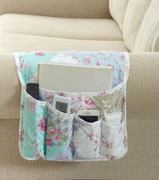 Brilliant Sunshine Blue and Green Rose Patchwork Couch Armrest 5 Pockets Organizer, Slip Resistant Armchair Caddy, Washable Remote Controls Holder, Storage for Magazine, Tablet, Phone, Blue Green