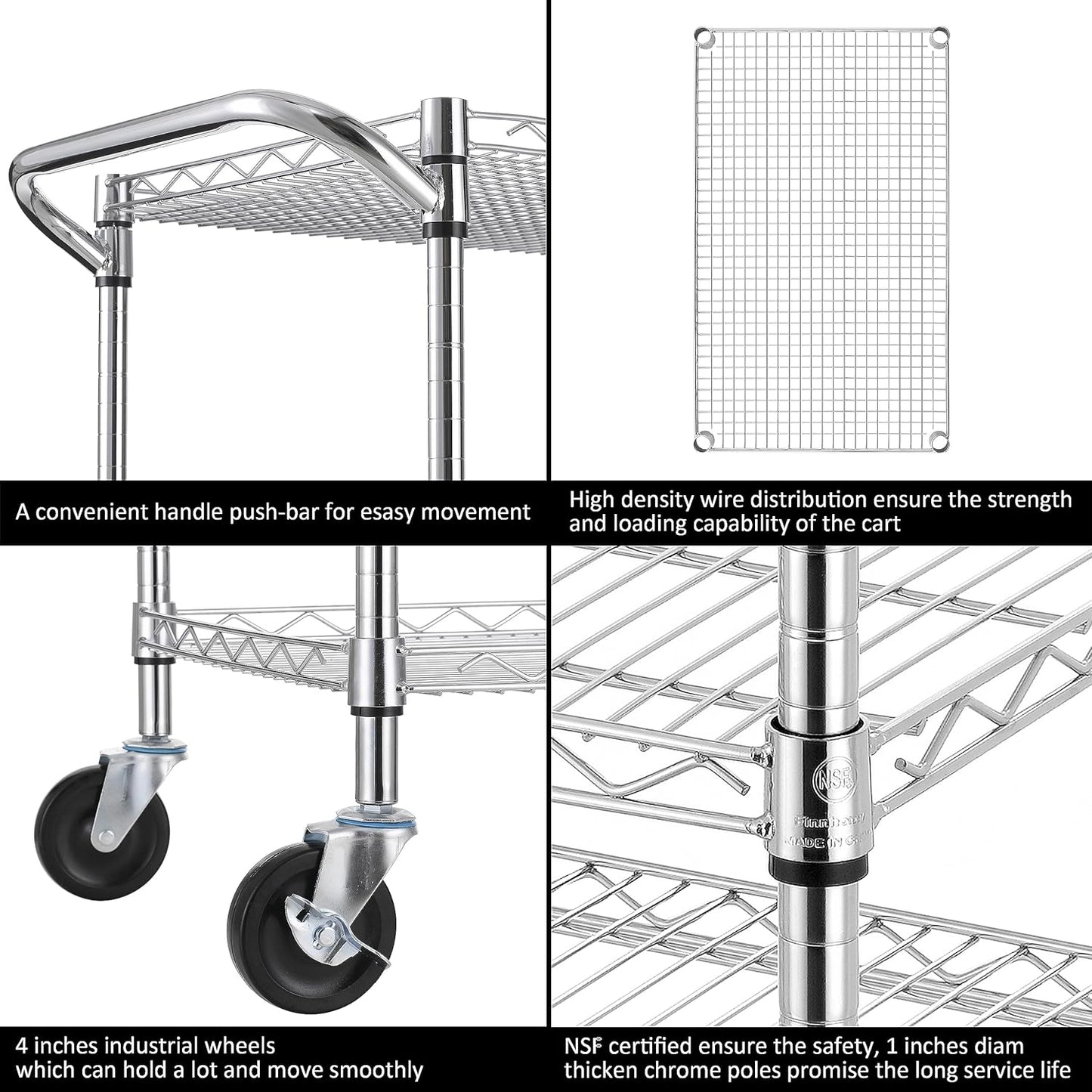 Finnhomy 3 Tier Heavy Duty Commercial Grade Utility Cart, Wire Rolling Cart with Handle Bar, Steel Service Cart with Wheels, Utility Shelf Plant Display Shelf Food Storage Trolley, NSF Listed