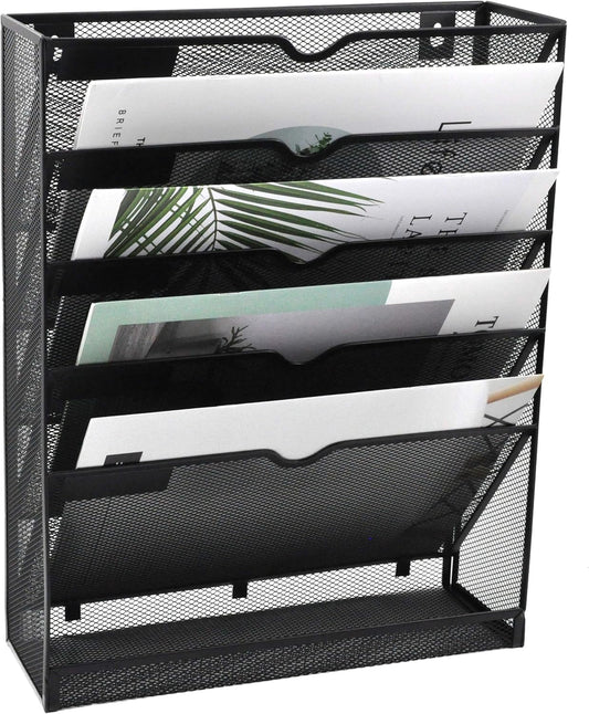 EASEPRES Desk File Organizer Mesh 6-Tier, Hanging Wall Mount Document Organization Stand, Desktop Vertical Mail Paper Folder Holder Rack with Bottom Tray for Office Home Cubicle, Sides Closed, Black