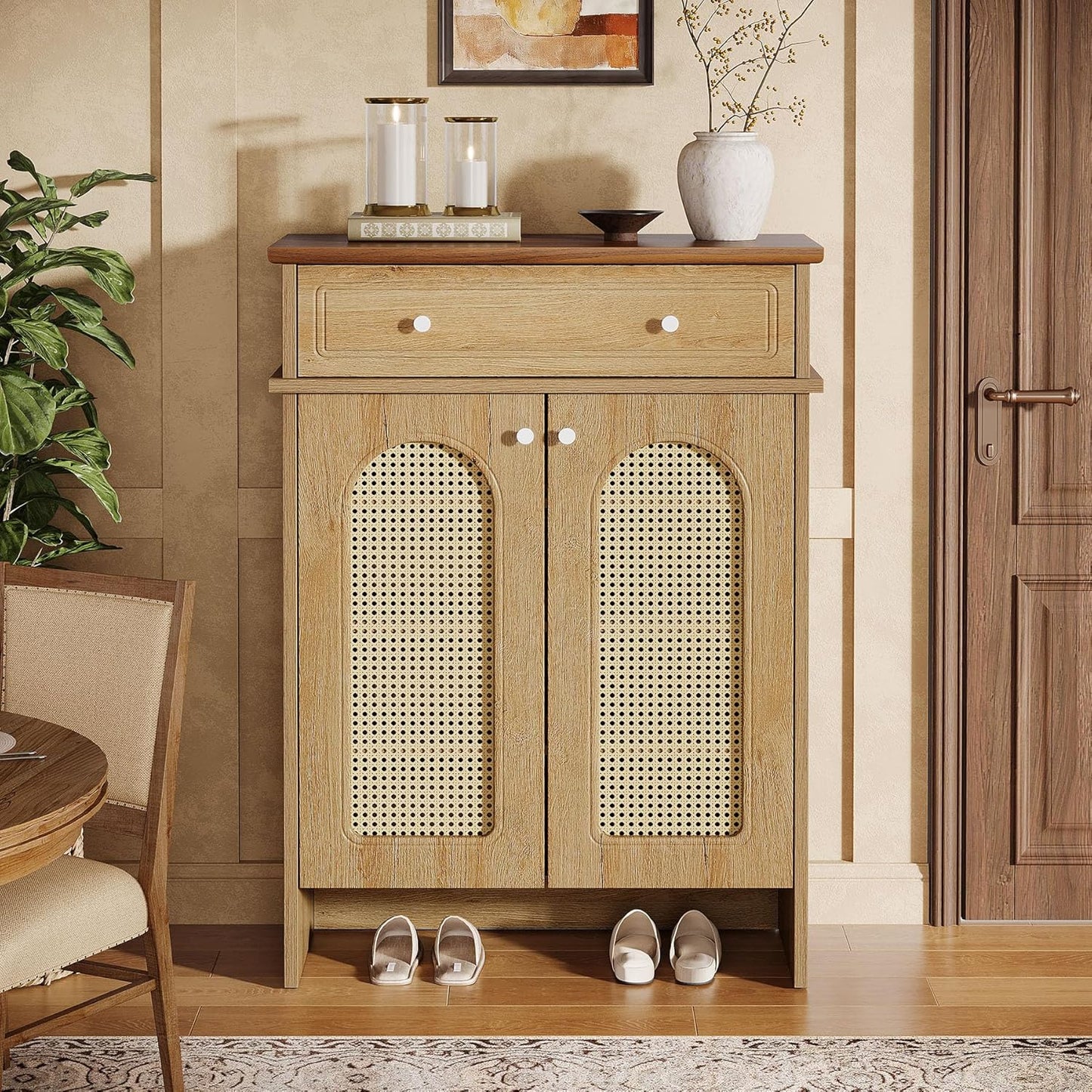 Tribesigns Shoe Cabinet with Doors, 6-Tier Shoe Rack with Drawer and Adjustable Shelves, 43.3" Tall Boho Farmhouse Shoe Storage Cabinet for Entryway, Hallway, Bedroom (Natural & Walnut)