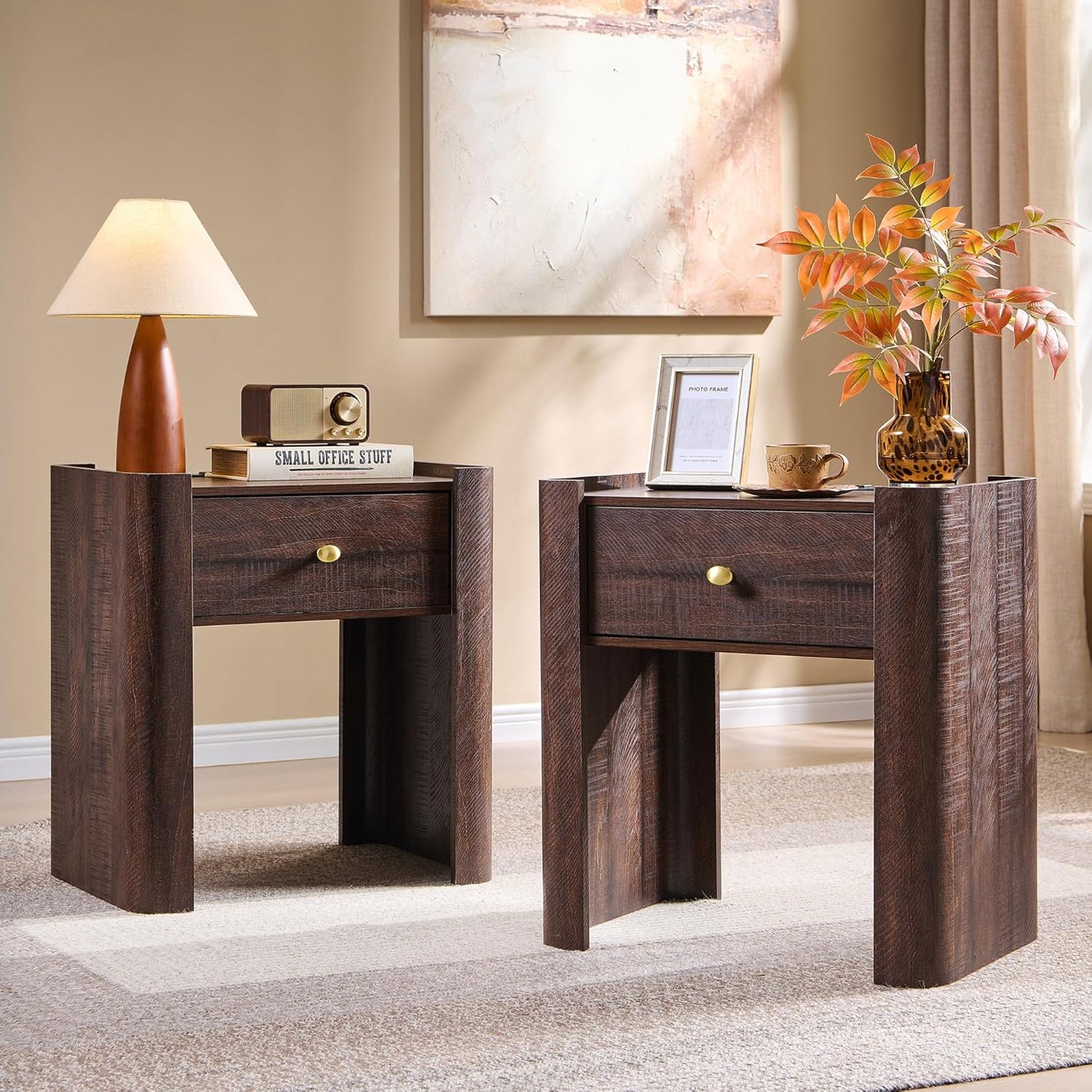 23.6" Tall Modern Nightstand Set of 2, 22" Wide Curved Bedside Table with Charging Station, Wooden Night Stand with 1 Storage Drawer, Large End Table for Bedroom, Living Room, Brown