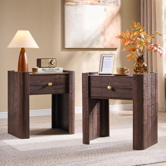 23.6" Tall Modern Nightstand Set of 2, 22" Wide Curved Bedside Table with Charging Station, Wooden Night Stand with 1 Storage Drawer, Large End Table for Bedroom, Living Room, Brown