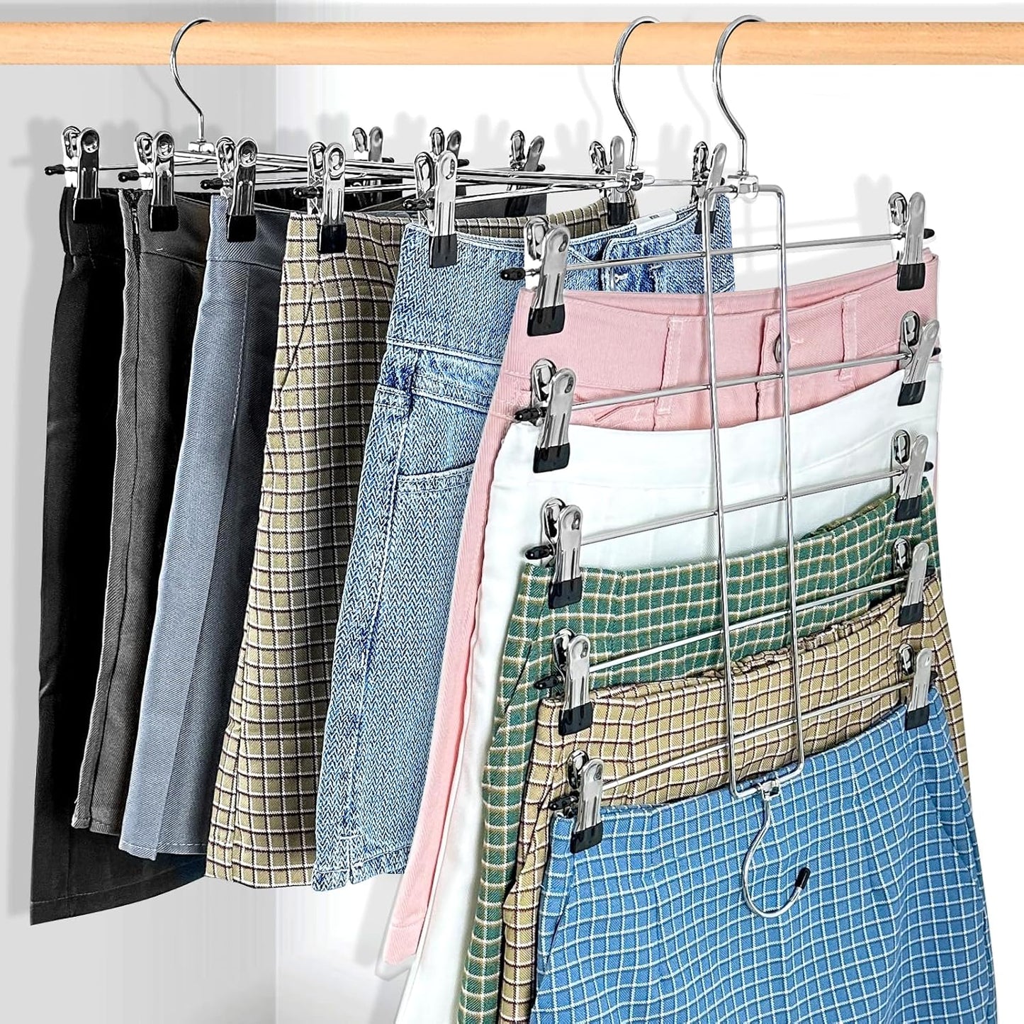 3 Piece Skirt Hanges Space Saving, Pants Hangers with Clips 5 Tier,Closet Organizers and Storager,Clothes Hanger Space Saver,Closet Organization for Skirt,Trousers,Jeans,Legging