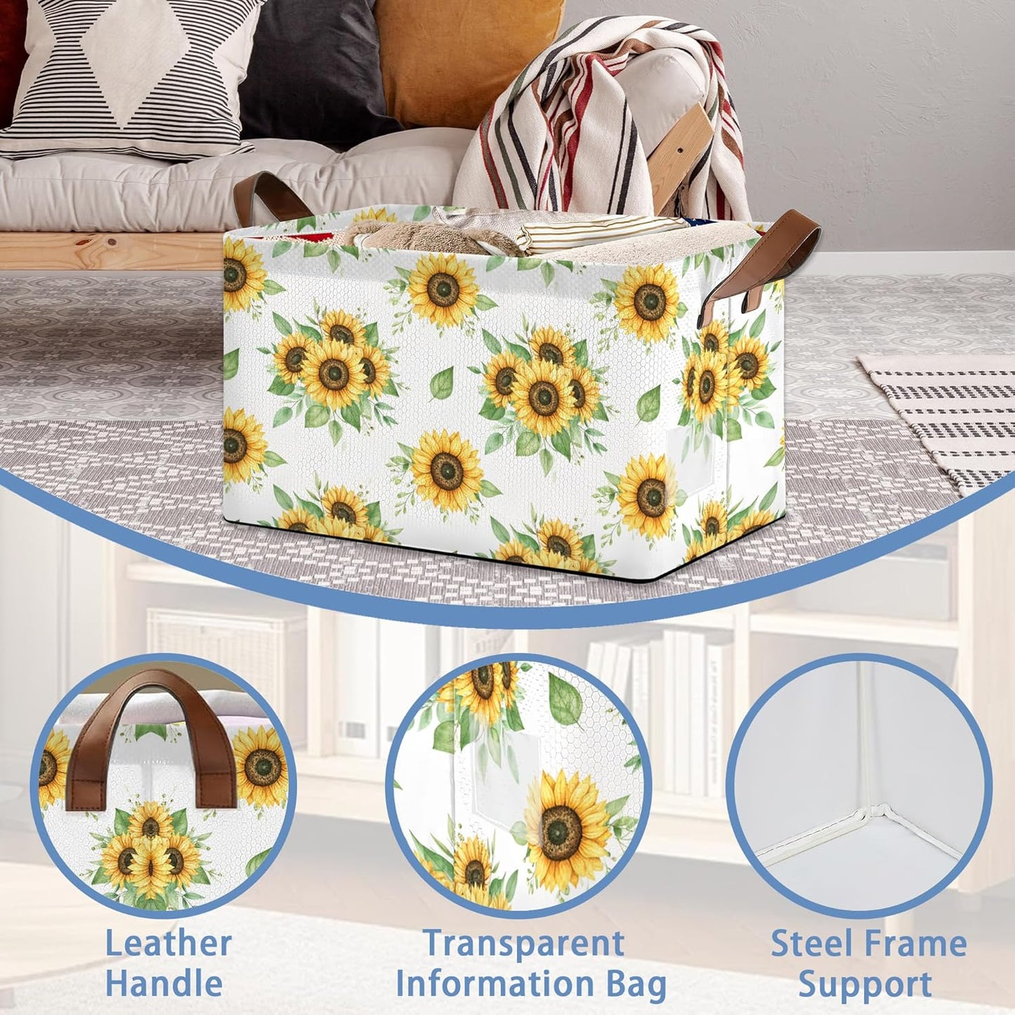Sunflower Storage Basket with Handles,Leaf Collapsible Rectangle Organizer Bin for Room Decoration Books Box Baskets 17x11.5x10Inch