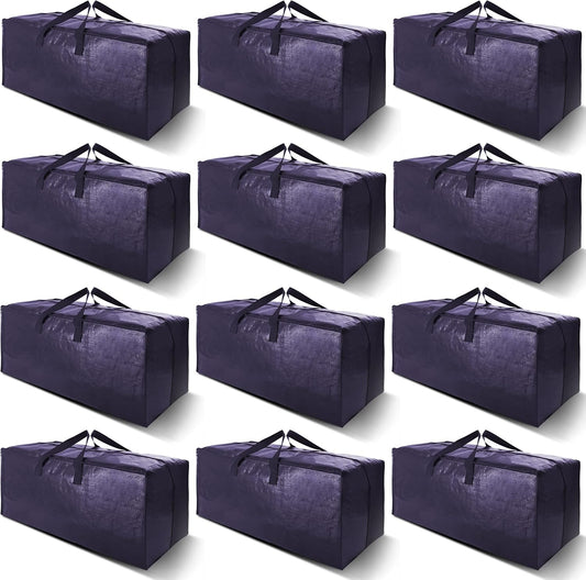 12 Pack Heavy Duty Extra Large Moving Bags W/Backpack Straps - Strong Handles & Zippers, Storage Totes For Space Saving, Fold Flat, Alternative to Moving Box and Storage Bin, Blue