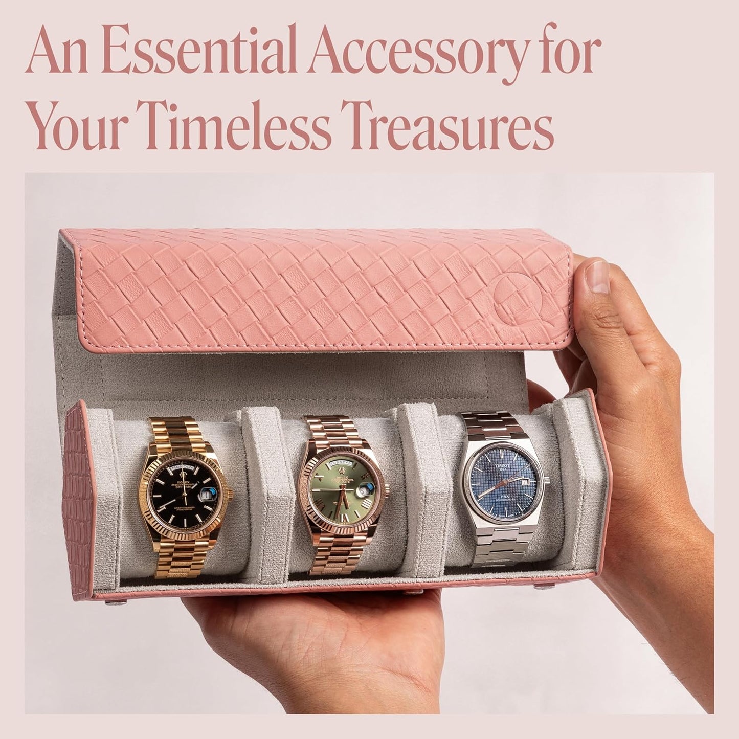 QWATCHBANDS Ladies Leather Watch Rolls for Women - Hexagon Triple Watch Roll Travel Case for 3 Watches - Storage Organizer Genuine Leather with Velvet Interior Display (Woven Pink/Gray)