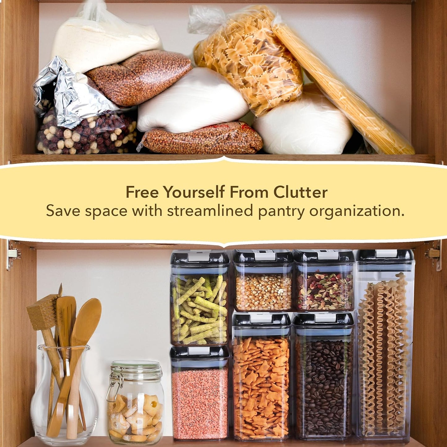 Simply Gourmet Airtight Food Storage Containers with Lids – 6 Piece Slim Kitchen Pantry Organization Set, 5 Cup Capacity, BPA-Free Clear Plastic, Stackable Containers for Flour, Sugar, Rice, Snacks